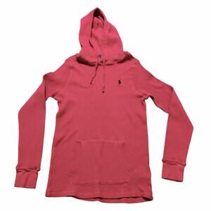 Polo Ralph Lauren Red Waffle Knit Hoodie Blue Pony Logo Pullover Medium